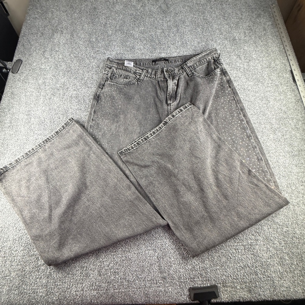 Joe's Jeans Low Rise Wide Leg Crystal Washed Black Rhinestone Jeans Y2K